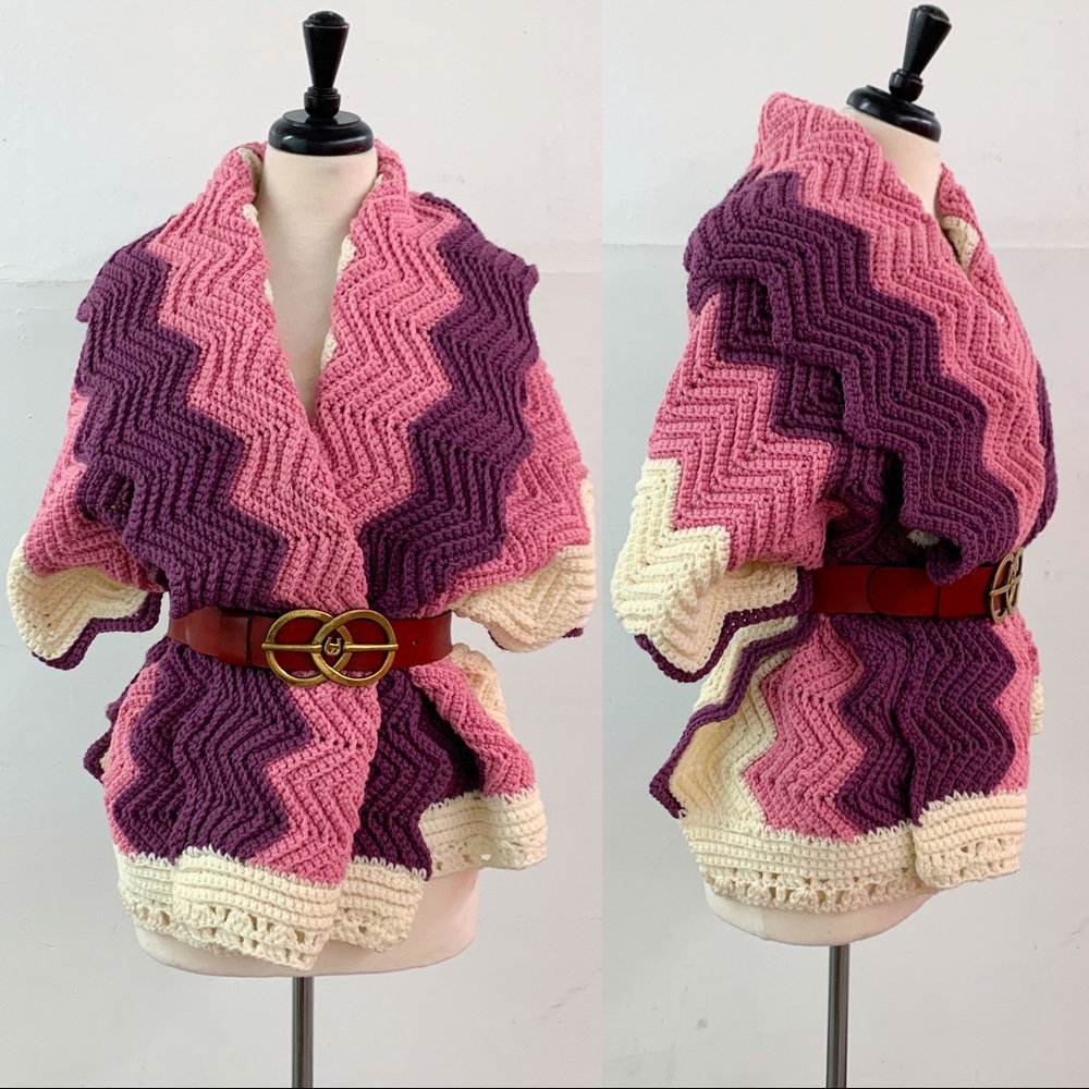 Vintage 1970s Mauve Crochet Stripe Blanket Afghan